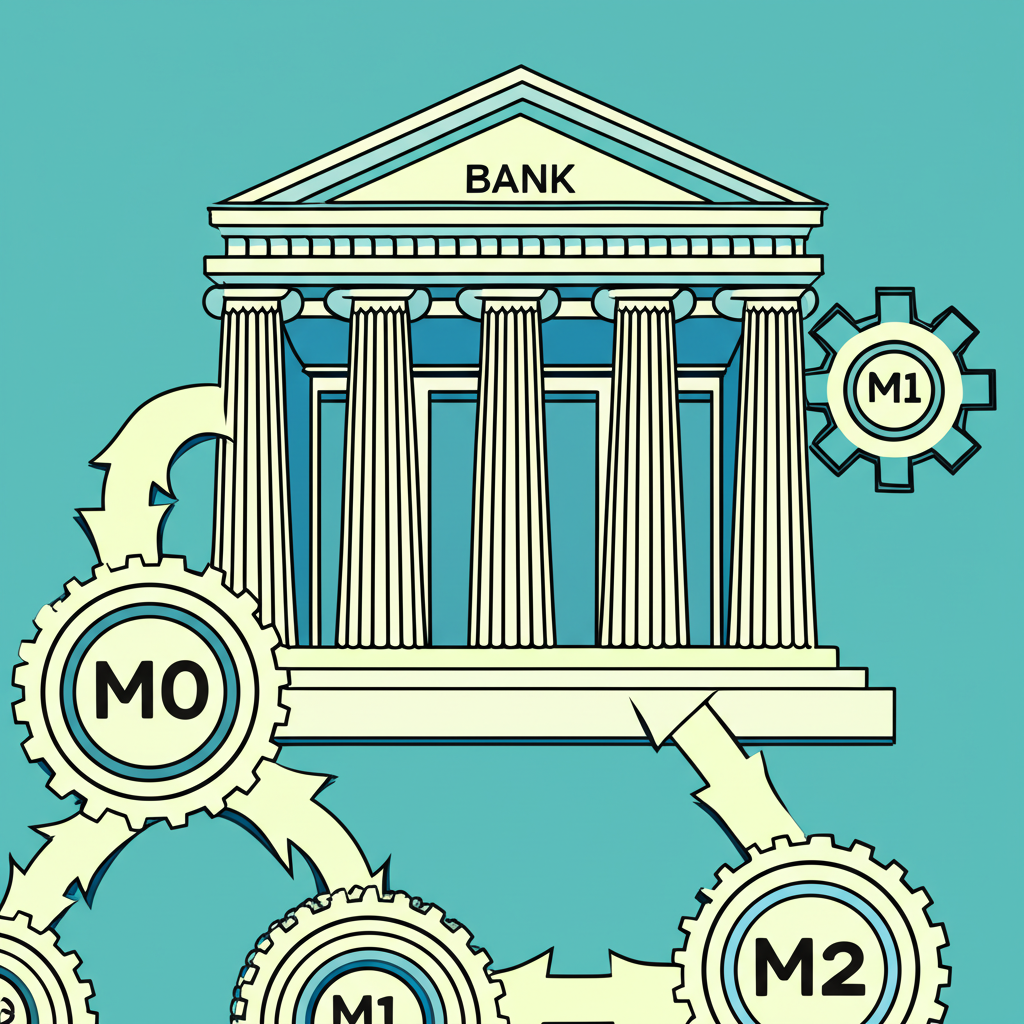 中央銀行透過齒輪與槓桿影響經濟,展示M0作為基礎貨幣對M1與M2流動的影響插圖