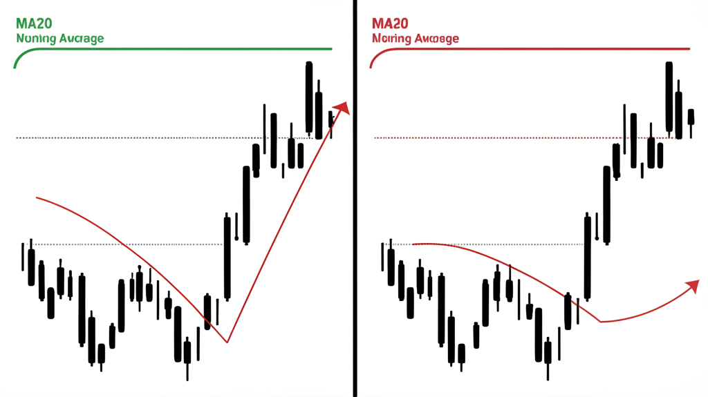 價格圖表中上升MA20線代表上漲趨勢與下降MA20線代表下跌趨勢的示意圖