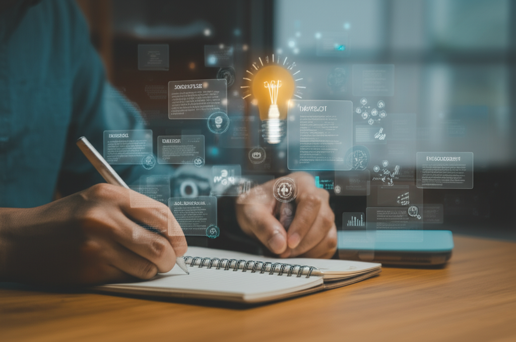 寫作過程插圖:一位人在桌前寫作,上方燈泡象徵靈感,周圍浮動內容區塊展示結構化寫作流程,提升影響力和參與度