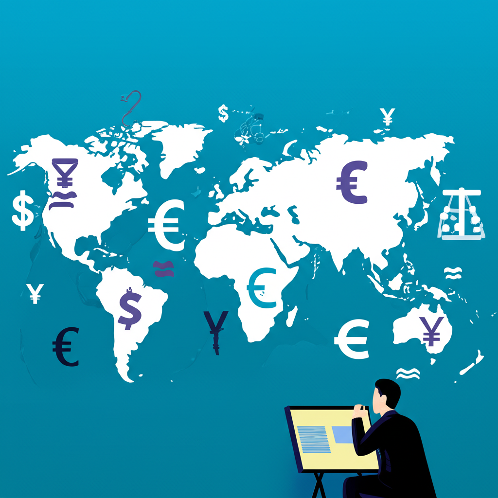 全球經濟中貨幣符號波動，一個人注視世界地圖顯示對個人與企業的財務影響插圖