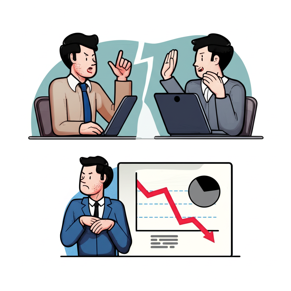 兩個對比場景:一人積極辯論,另一人 passive 觀望;公司圖表顯示因 passive 市場策略而衰退