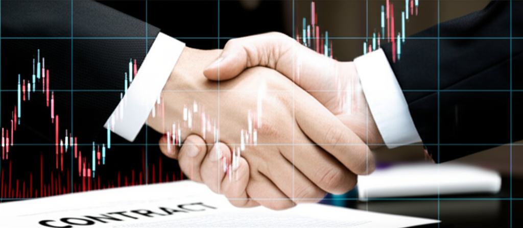 差價合約概念圖示,顯示合約握手與價格走勢圖,強調無需持有實物資產