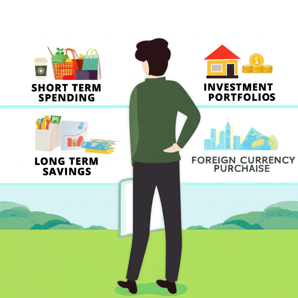 一個人查看外幣購買的不同選項,包括短期消費、長期儲蓄和投資組合