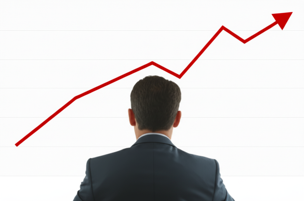 A calm investor watching a market graph showing steady growth representing passive investing and efficient market hypothesis illustration