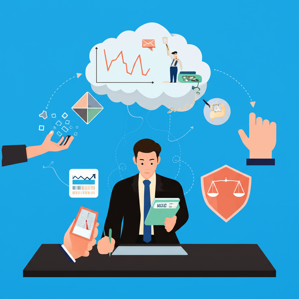 交易者手持規則手冊,遠離恐懼與貪婪的情緒雲朵