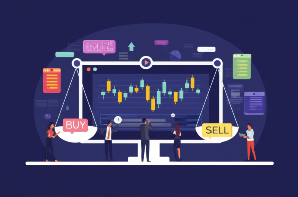 Stock market dashboard showing buy and sell orders balancing supply and demand