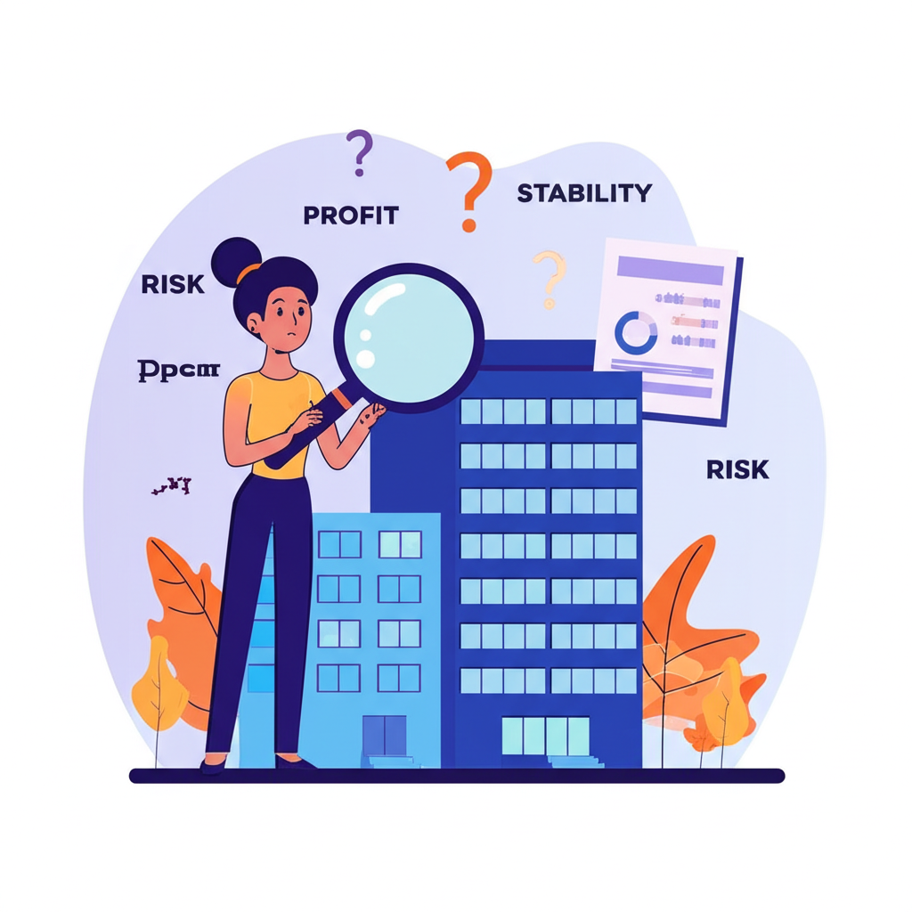 An illustration of a curious person looking at a magnifying glass over a company building with question marks about profit and loss stability and risk a balance sheet document is shown as a key tool