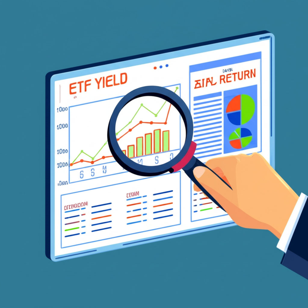 An illustration of a person holding a magnifying glass examining a chart showing ETF yield calculation and comparing it with total return on a digital screen financial data illustration