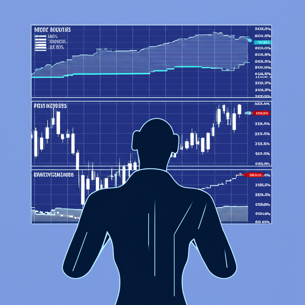 市場分析師觀察複雜圖表,顯示股價波動與道瓊指數變動的影響插圖