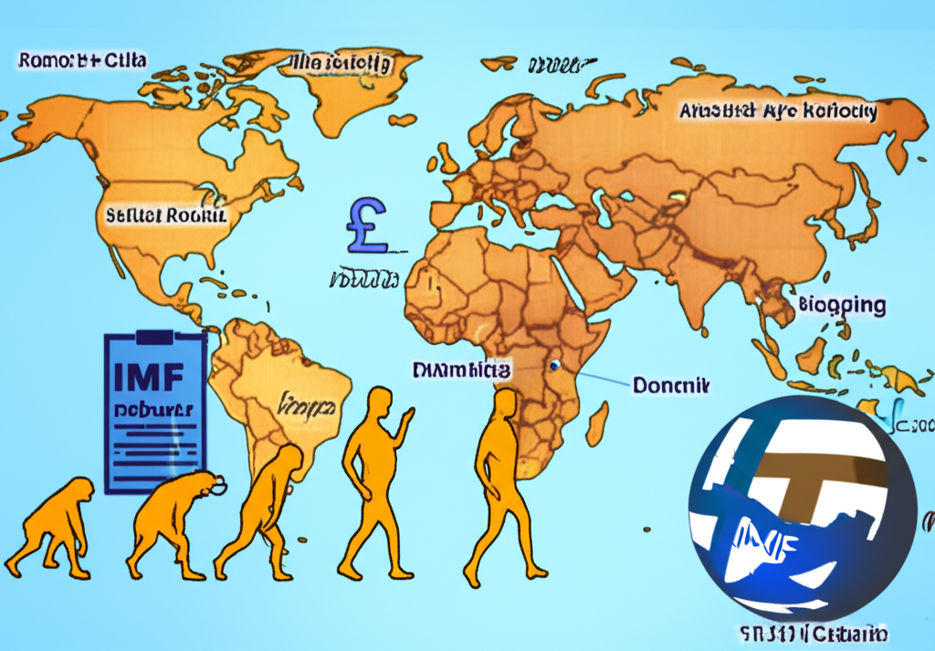 英鎊從古代到現代數位貨幣的演變插圖,世界地圖強調其全球金融影響與IMF報告符號