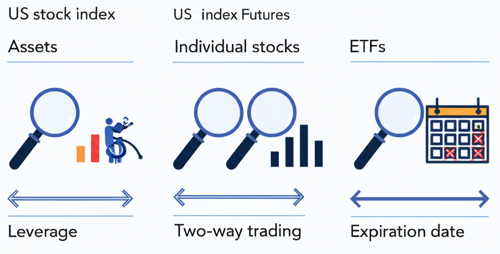 illustration comparing three distinct financial instruments US stock index futures individual stocks and ETFs showing their differences in trading assets leverage two way trading and expiration dates