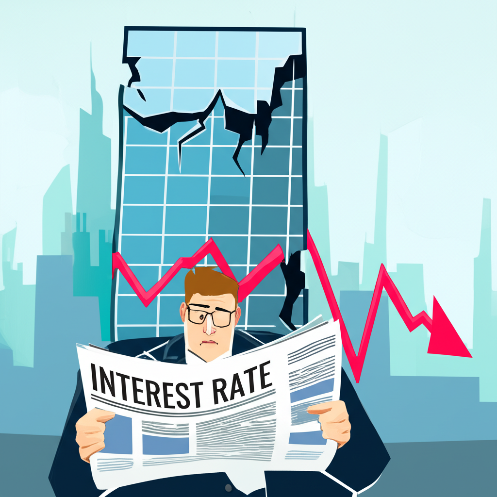 公司建築出現裂縫、獲利下滑圖表、擔憂商務人士閱讀升息與通膨新聞的插圖