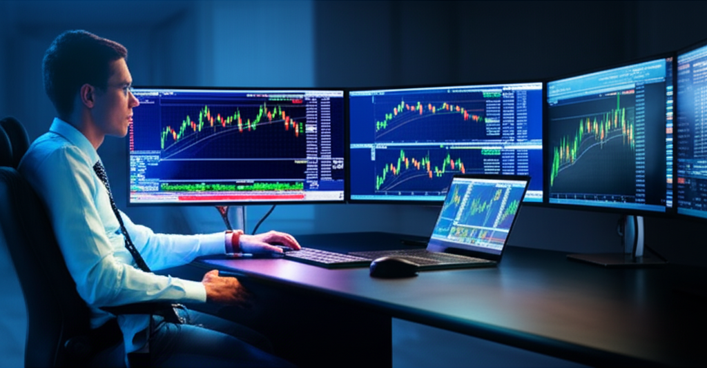 專業交易員在多個螢幕上使用 MetaTrader 4 平台,顯示外匯圖表,強調流暢介面與穩定效能