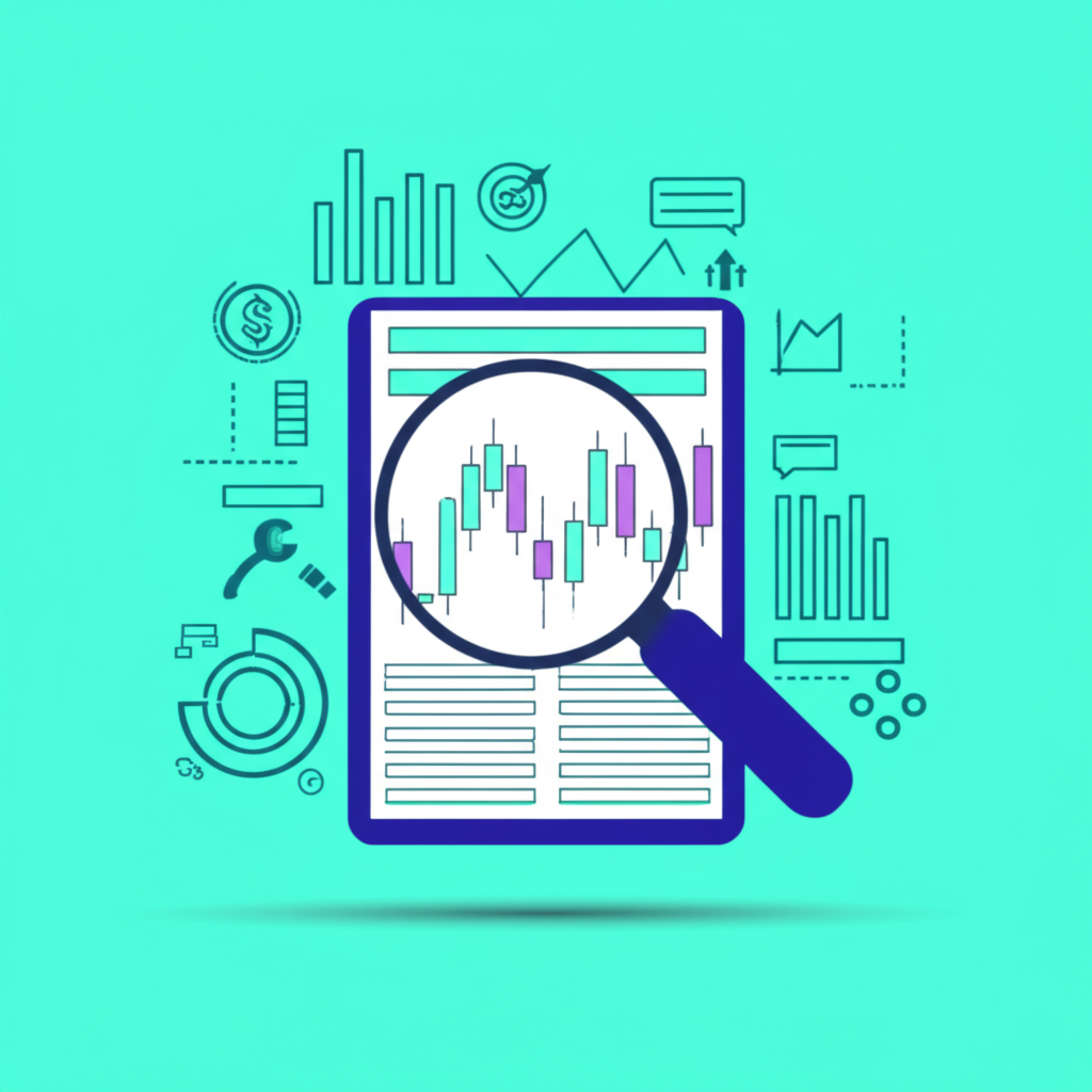 使用者友善的財務圖表顯示蠟燭圖與趨勢線,周圍環繞數據點與放大鏡插圖