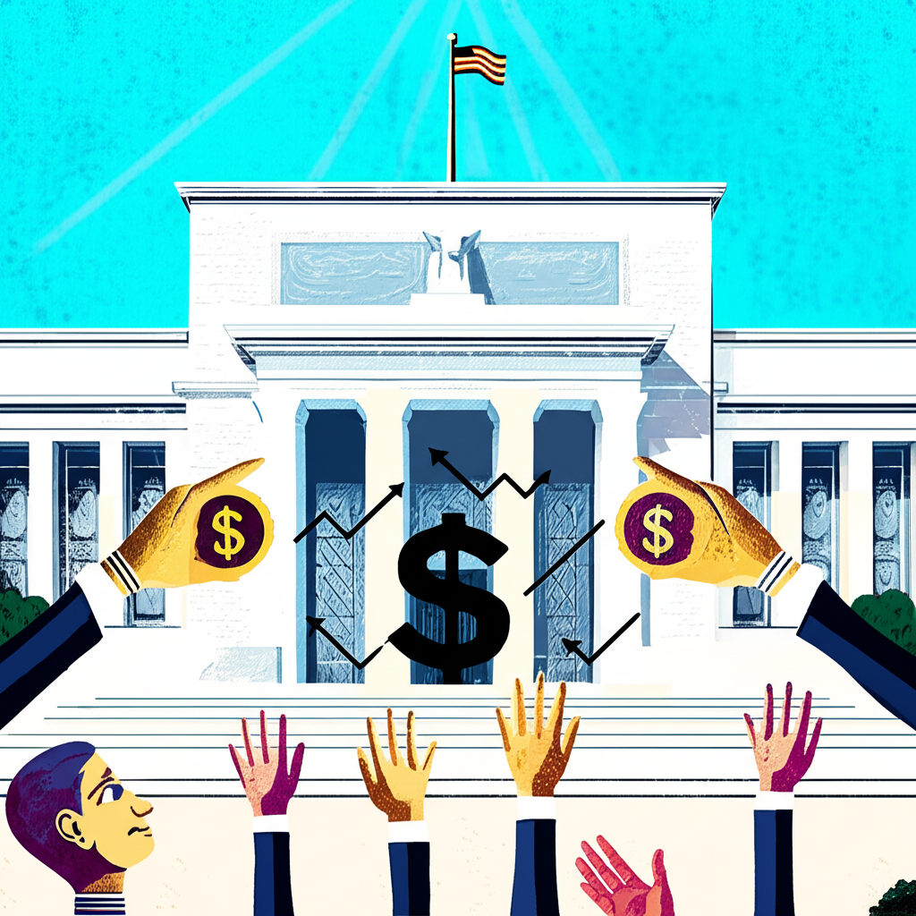 全球經濟景觀中美元波動的插圖,顯示投資者和企業密切關注的美元符號與聯準會建築