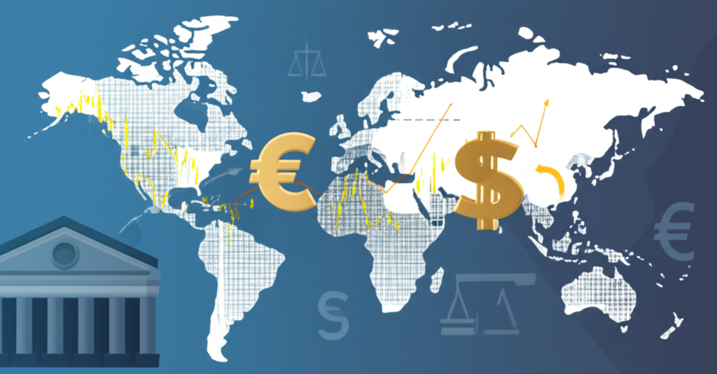 全球經濟景觀中歐元與美元符號互動,代表市場力量與央行決策的插圖