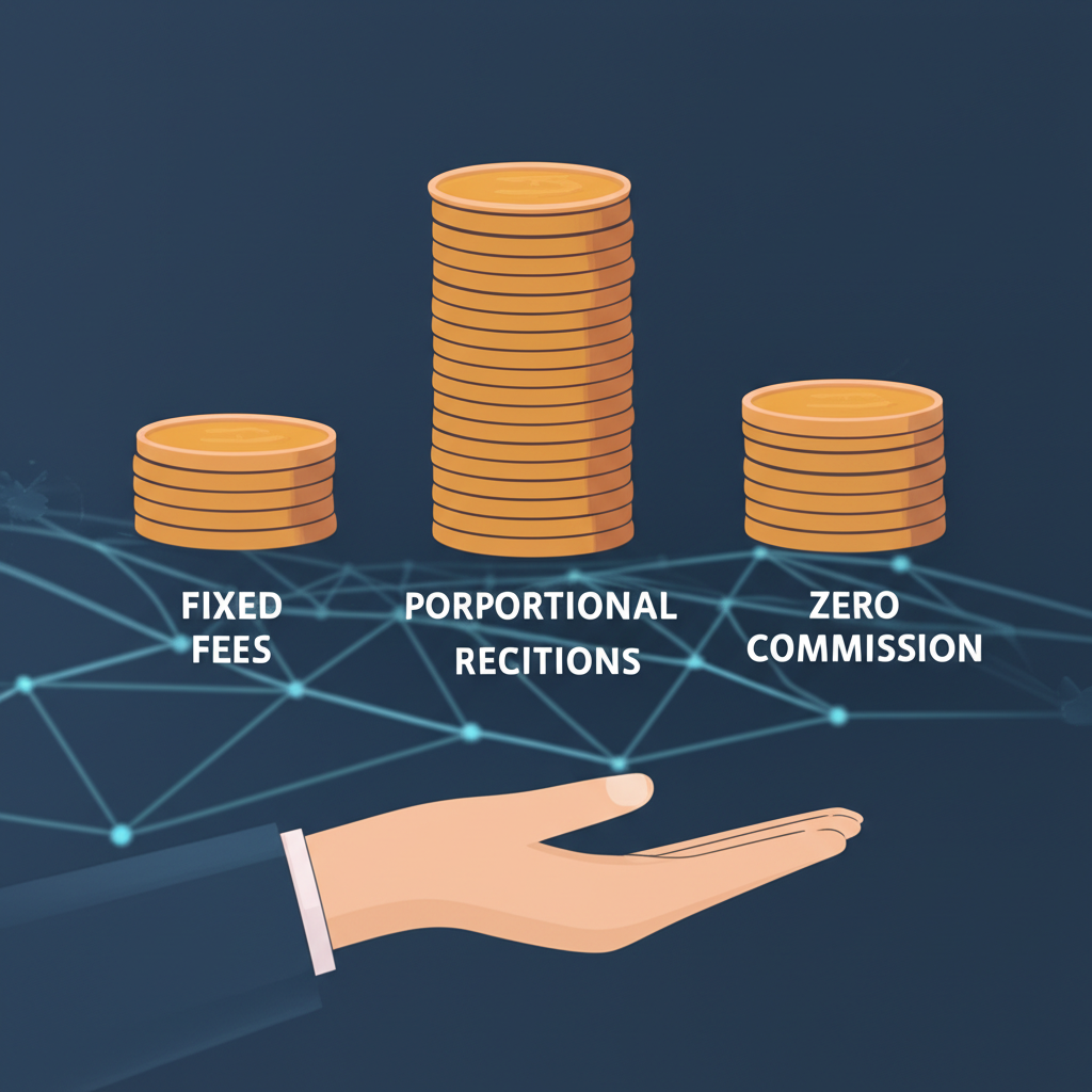 不同經紀商費用類型圖示,包括固定、比例、最低與零佣金,背景隱約顯示訂單流付款或其他隱藏收入如利息與價差