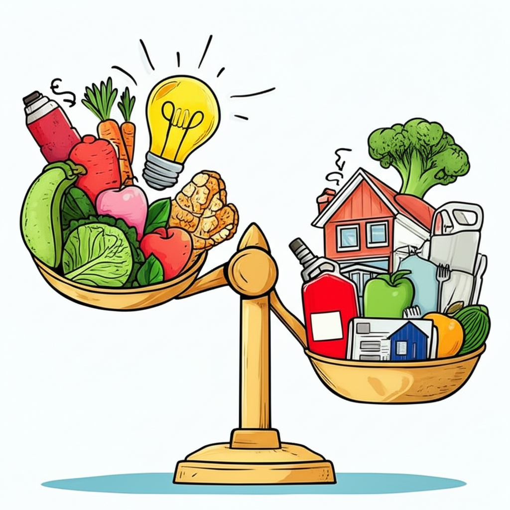 CPI與核心CPI平衡比較圖示：一側波動食物能源項目失衡，另一側穩定類別呈現核心CPI的穩健