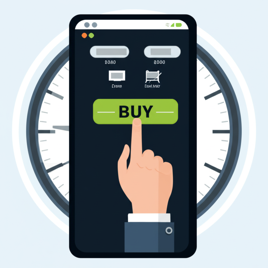 投資人快速按下買入按鈕的插圖,象徵市價委託的即時執行