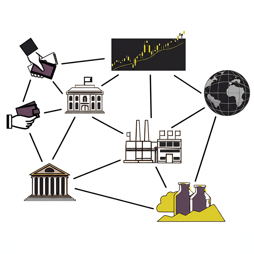 互聯網絡圖示,一人持錢包、工廠、央行大樓與全球股市圖表皆以線條連結,代表CPI的影響力