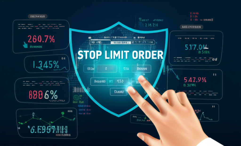 停損限價單交易介面插圖,顯示圖表與數字,盾牌保護投資並管理風險