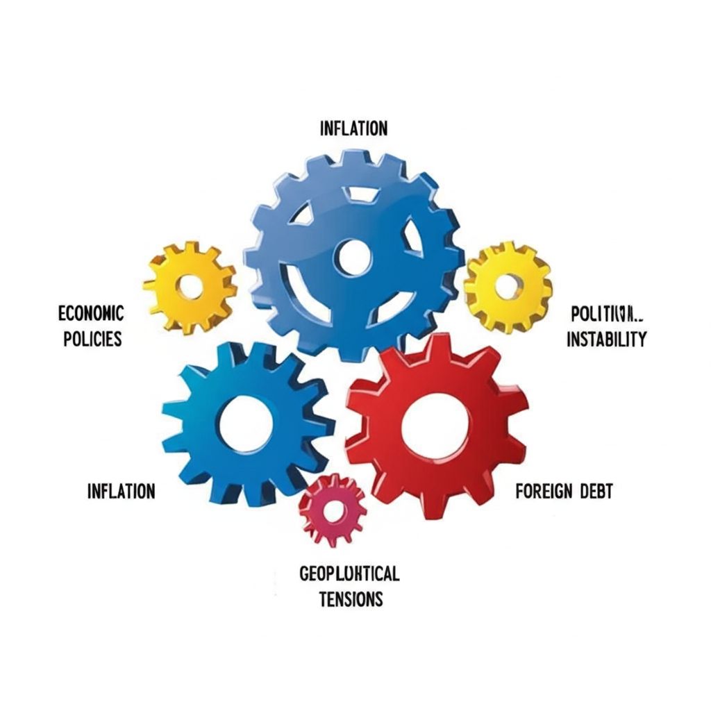 五個互聯齒輪或拼圖代表導致土耳其里拉走弱的複雜經濟、政治與地緣因素
