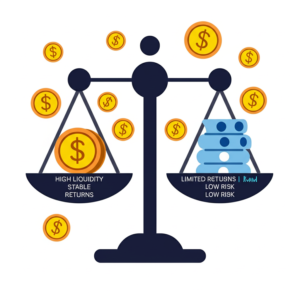 比較貨幣市場基金優缺點的平衡秤,一側顯示高流動性和穩定回報,另一側為有限收益與低風險,周圍有小型通膨符號