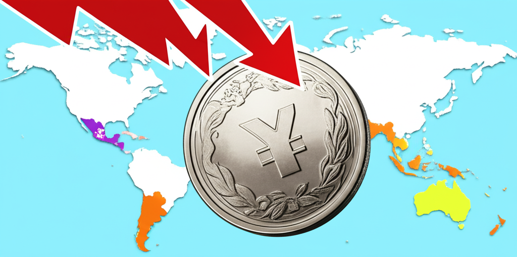 日圓幣大幅下跌的插圖,背景為全球地圖突出台灣和香港,象徵金融衝擊與公眾關注