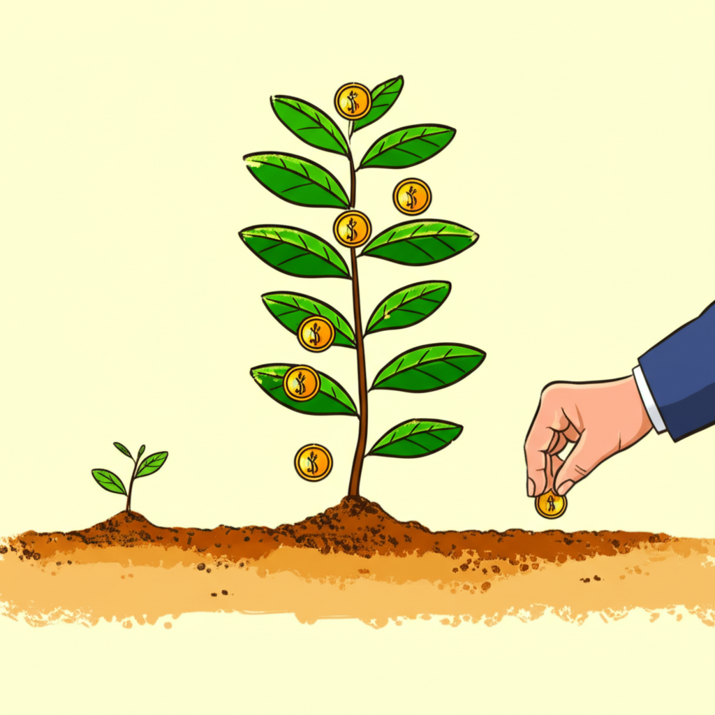 時間魔力圖示,年輕投資者種下種子成長為巨型金錢樹