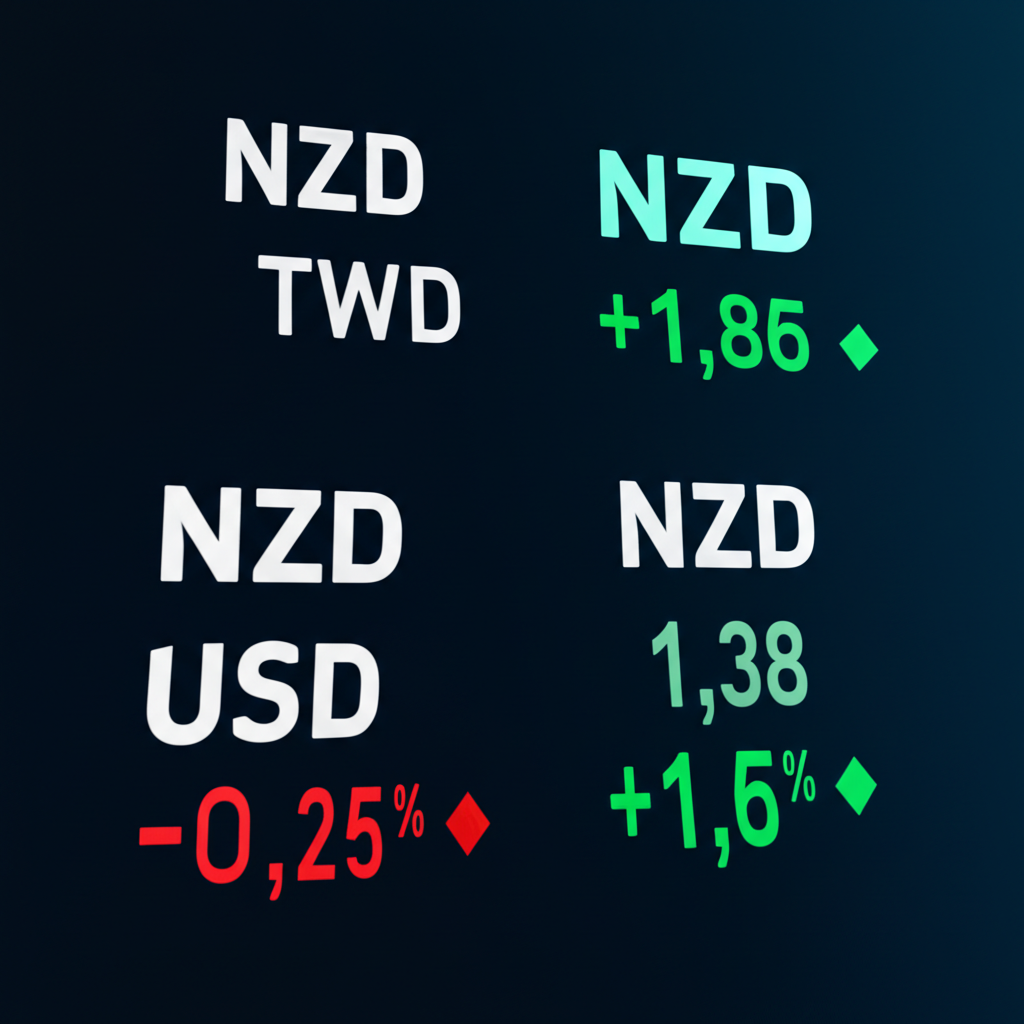 數位螢幕顯示NZD兌TWD與USD即時匯率及市場數據插圖