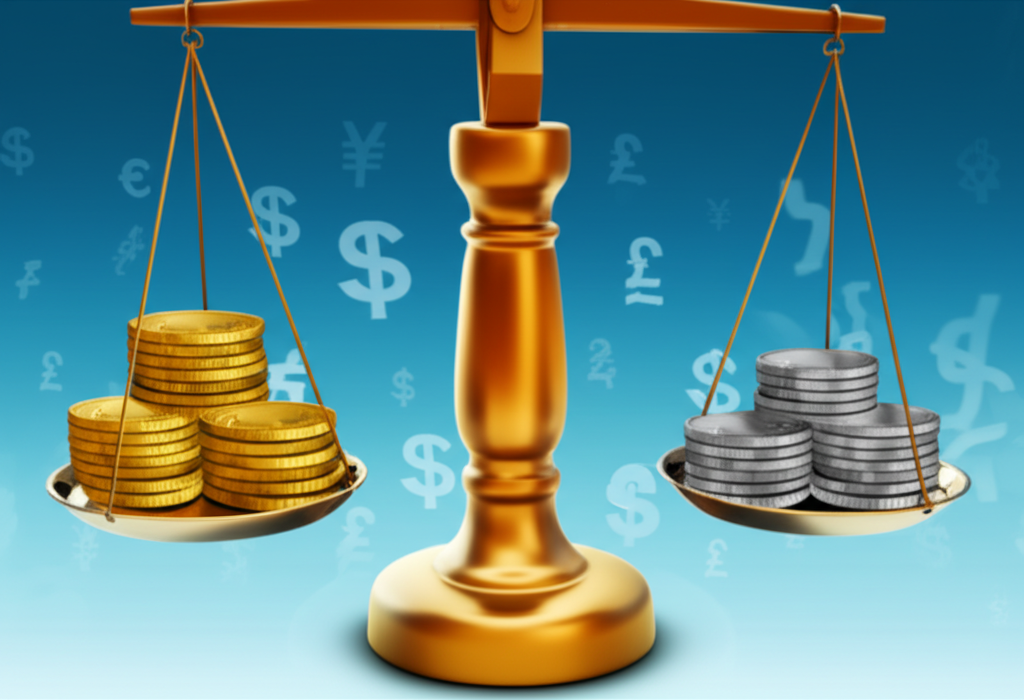 An illustration of gold and silver coins on a balance scale with numbers representing their ratio and currency symbols in the background showing relative value