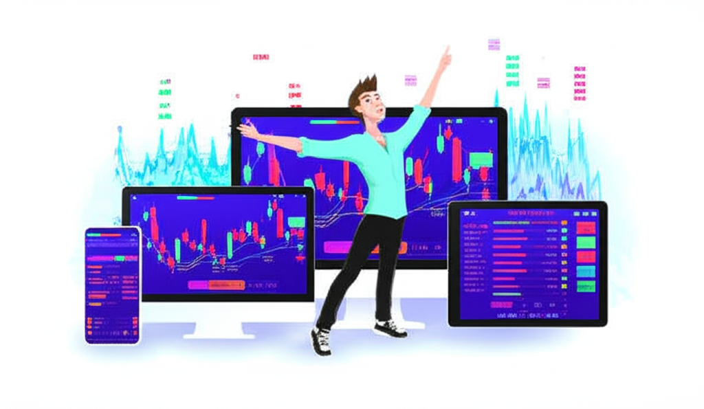交易者使用多裝置操作 MT5 平台，展示 PC、筆電、手機和平板上的金融圖表與數據