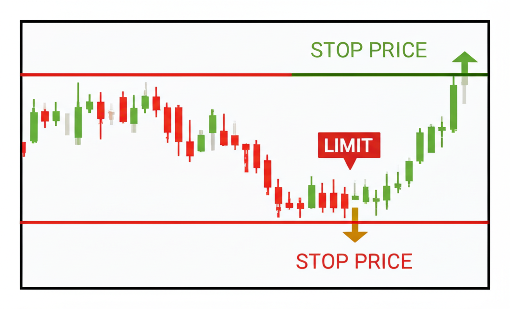 股票圖表上兩個價格點插圖,紅線標示觸發價,綠線標示限價,箭頭顯示市場移動與訂單啟動