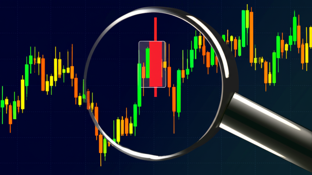 K線十字形態在金融圖表中的放大分析，象徵投資者市場洞察