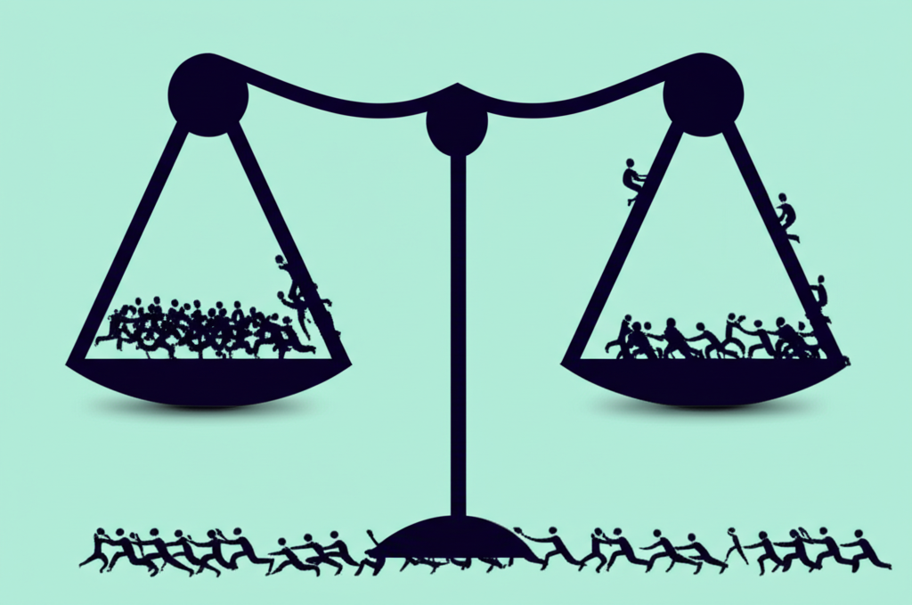 市場天平向下傾斜,多數人物推低一方,象徵極端賣壓與市場失衡