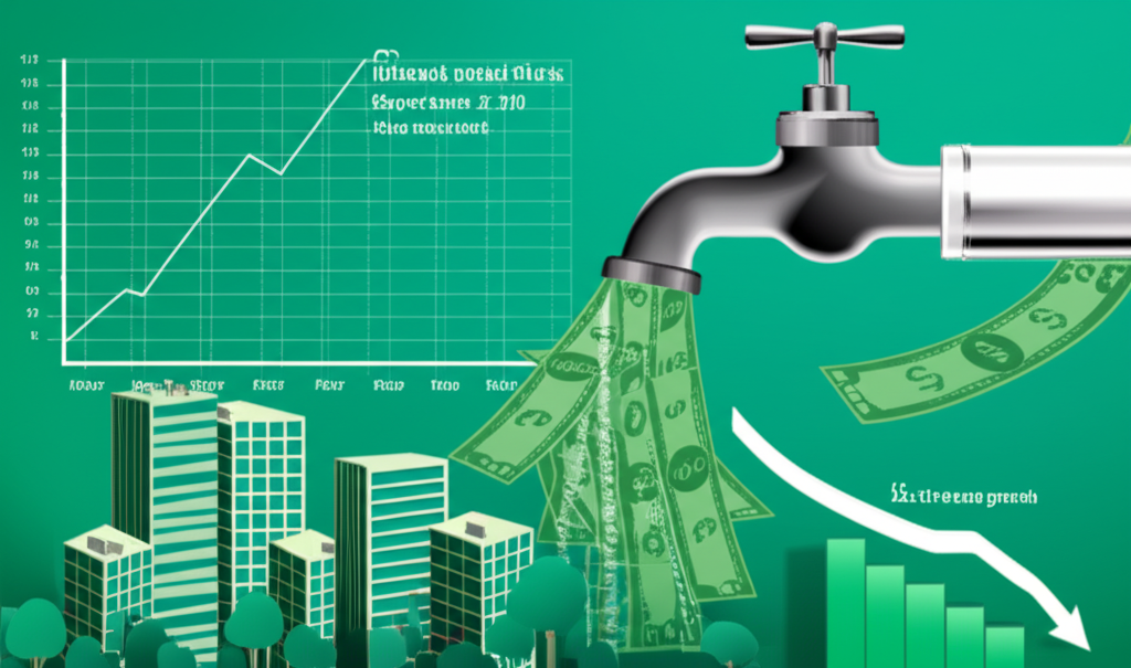 中央銀行注入大量資金到金融系統的插圖,由大型水龍頭傾倒現金到市場,圖表顯示利率下降和經濟成長上升