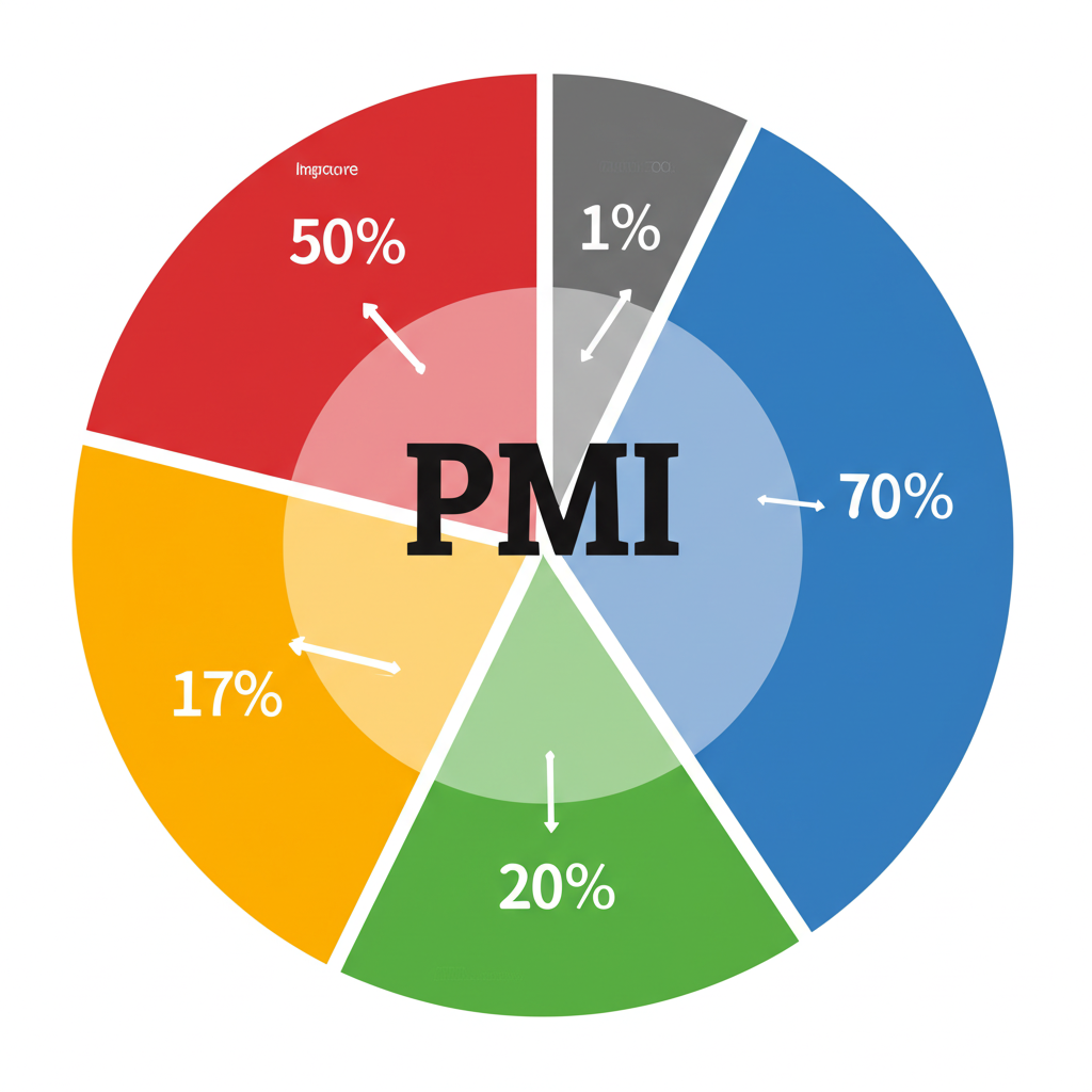 圓餅圖分為五段,每段代表PMI組成項目,百分比和箭頭顯示改善或下降,示範擴散指數計算的插圖