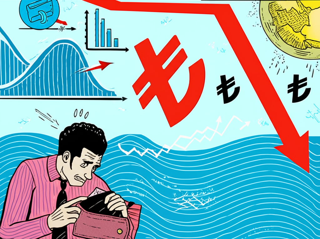 土耳其里拉在全球金融市場中貶值,高通膨圖表與地緣政治波瀾,一位擔憂的人看著錢包