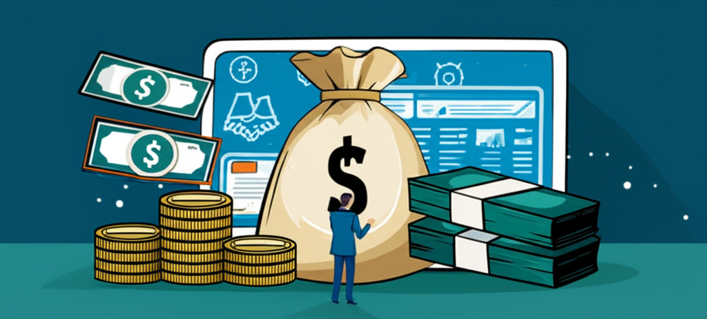 各種金融工具如堆疊的硬幣、國庫券、鈔票和錢袋,由專業基金經理人在安全數位環境中管理,展示多元化低風險投資