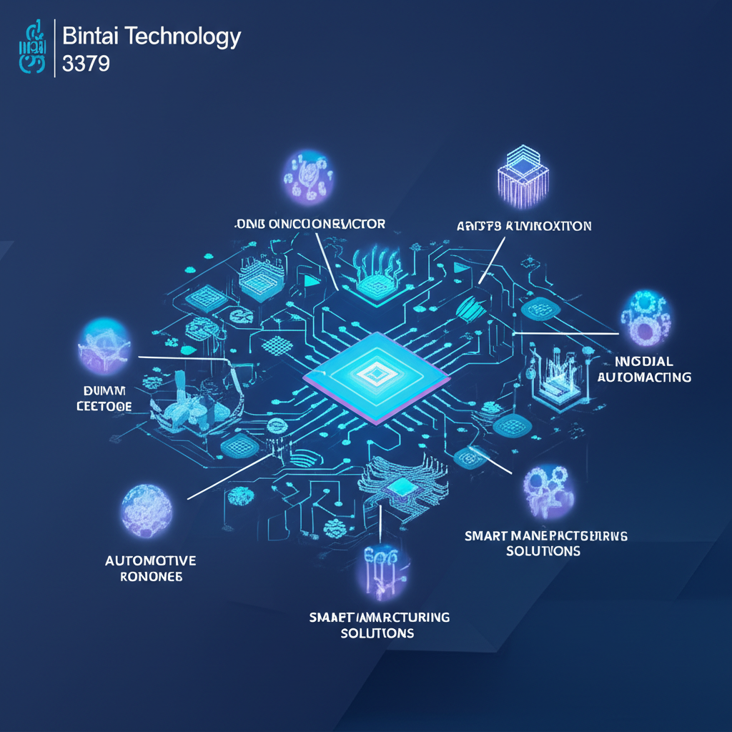 工業自動化景觀插圖，彬台科技 3379 連結半導體和汽車等高科技產業，齒輪與電路象徵系統整合