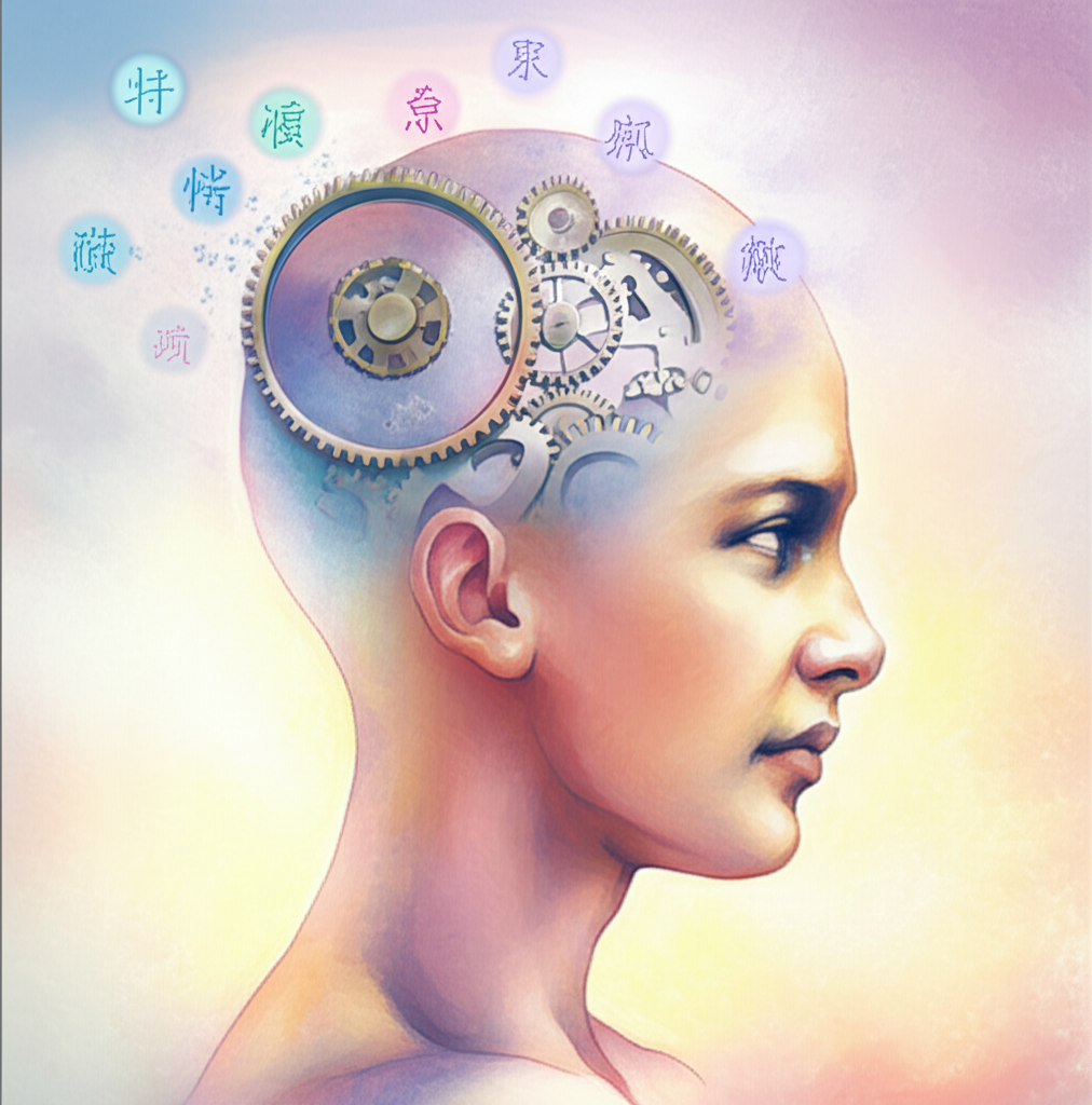 一個人頭部插圖，周圍飄浮著代表幻覺與現實混亂的中文字符，呈現夢幻風格