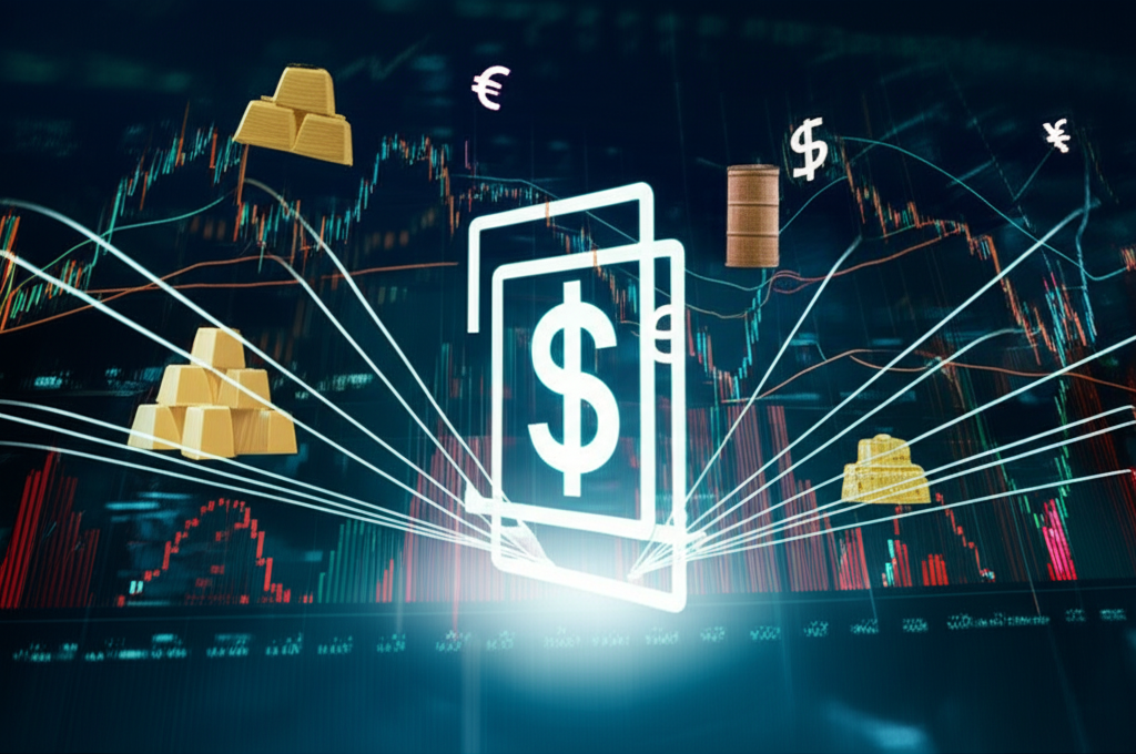 數字合約在金融市場中浮動，連接股票、商品和貨幣等資產，象徵標準化的未來協議