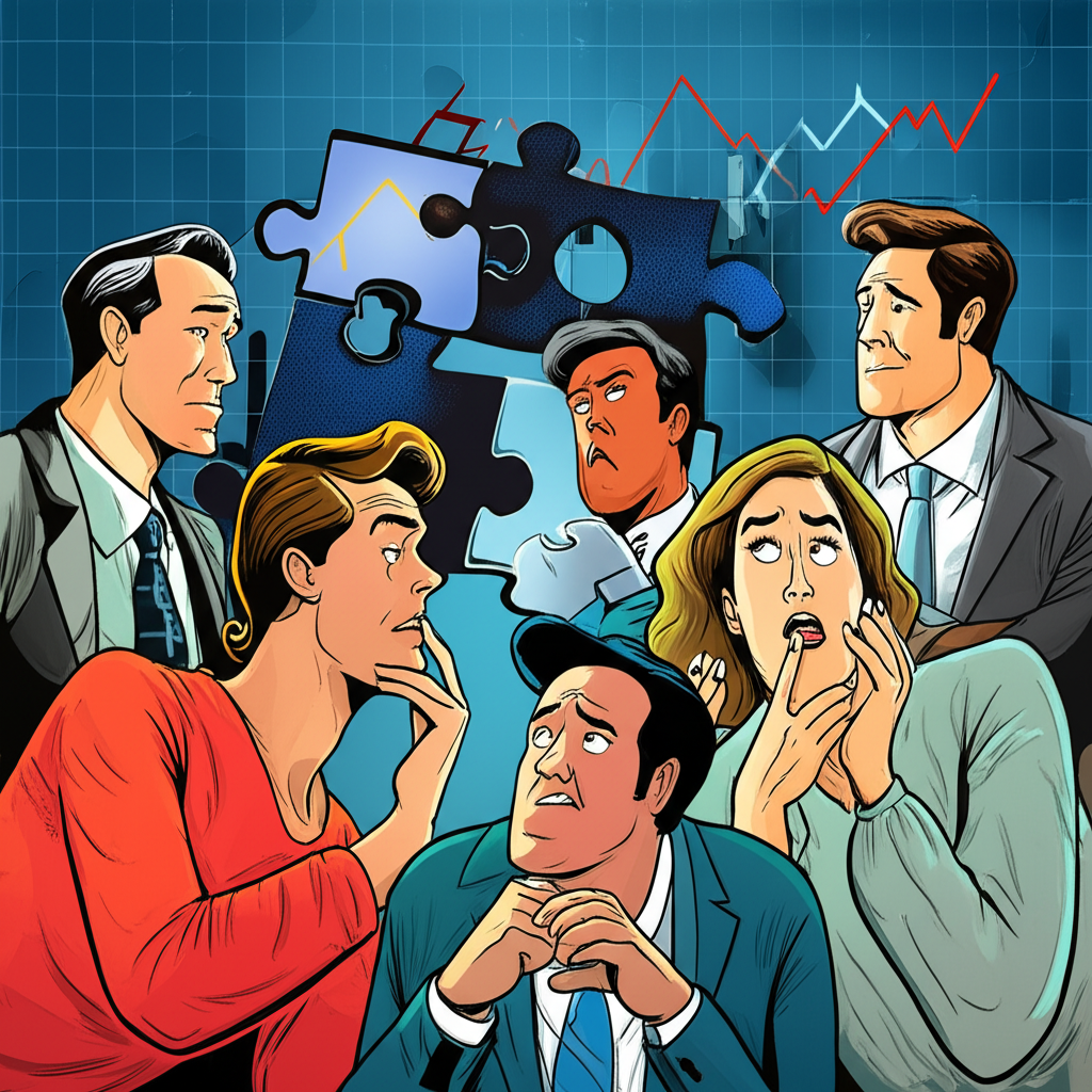 投資人面對降息消息的緊張情緒,背景是股市圖表與複雜經濟謎題