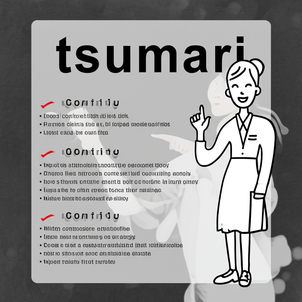 自信解釋日語「つまり」用法與意思的資訊圖插圖,顯示詞彙的核心含義與簡化應用