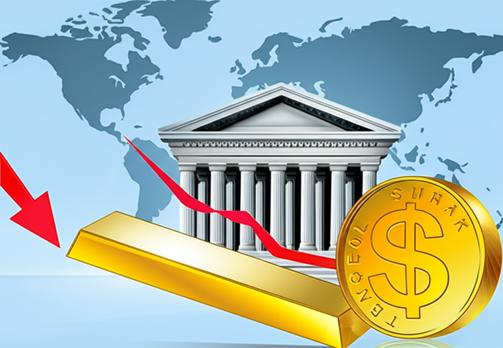 美元強勢壓制黃金價格的示意圖,背景有央行建築與世界地圖