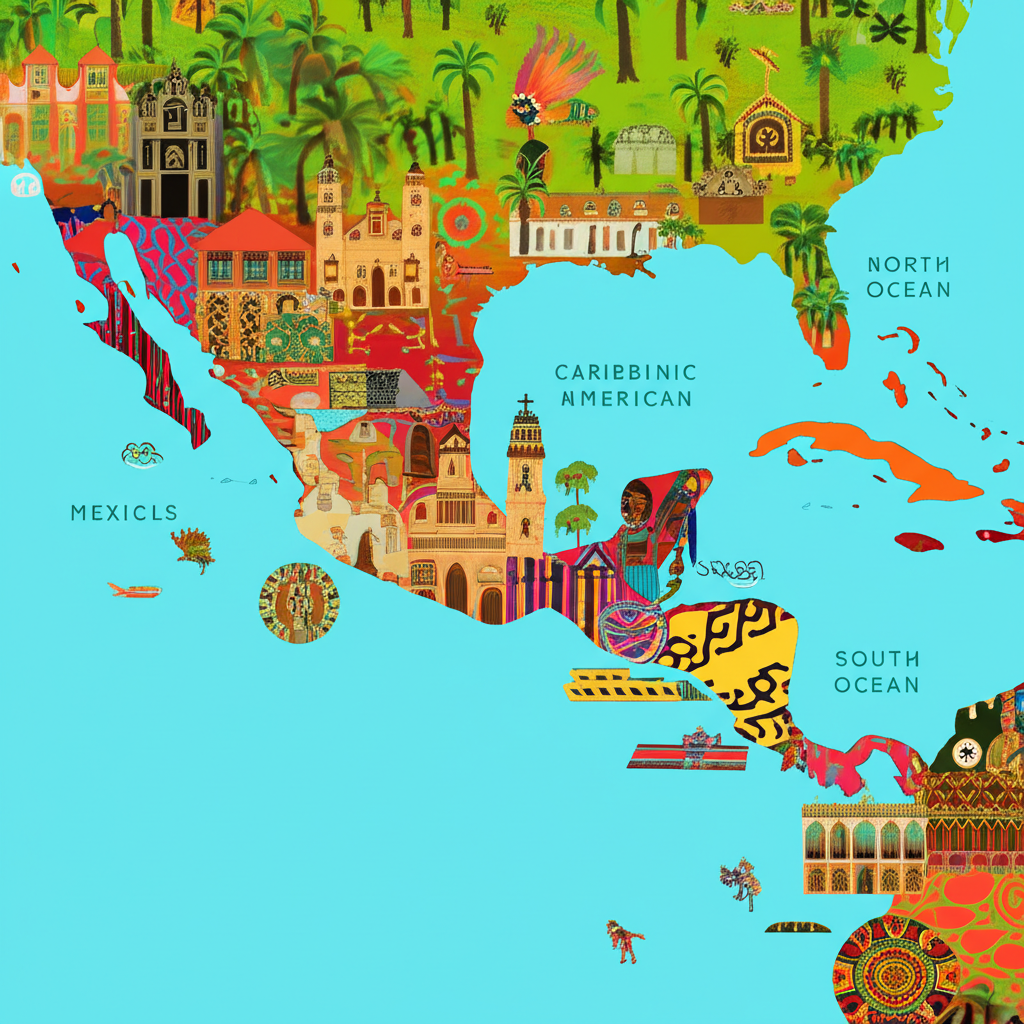 從墨西哥向南延伸的中美洲、南美洲和加勒比海島嶼地圖,融入西班牙教堂、原住民符號和非洲影響的文化元素