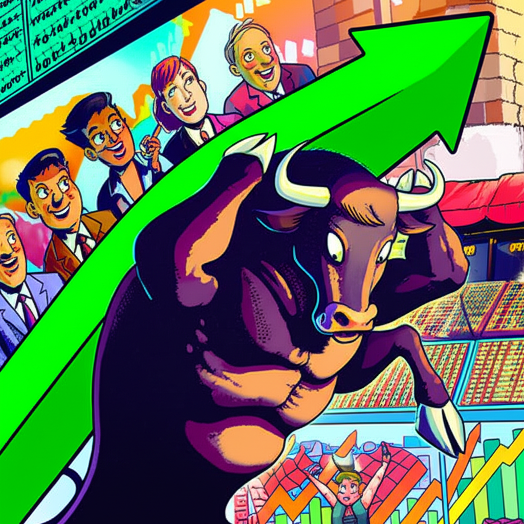 熱鬧市場中強勁公牛推升價格箭頭,樂觀投資人注視上漲圖表,象徵看漲趨勢與正面經濟展望