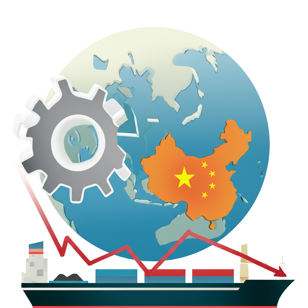 地球儀上緩慢轉動齒輪象徵全球經濟減速,中國地圖顯示疲弱指標,貨船載少量鐵礦石與煤炭離開澳洲