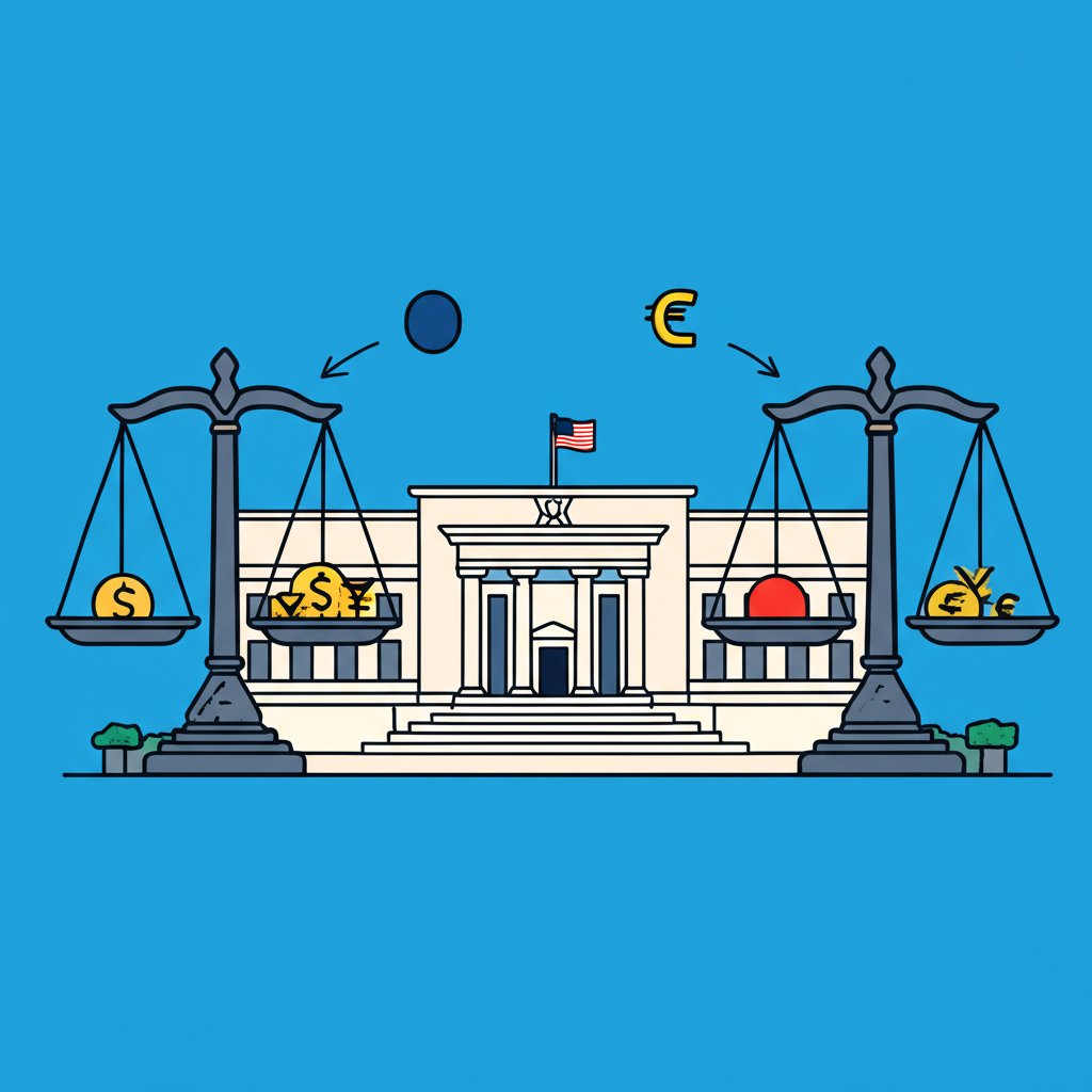 聯準會建築圖示,平衡利率與美元符號,展示量化寬鬆緊縮及資金流向歐洲日本等經濟體