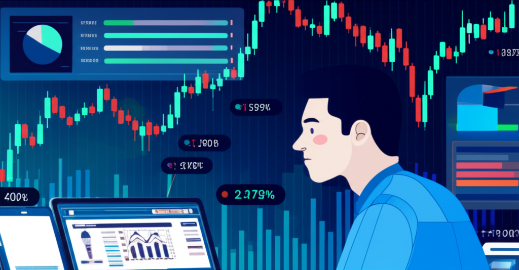 股票市場價量圖表插圖,顯示價格與成交量趨勢,投資者專注分析